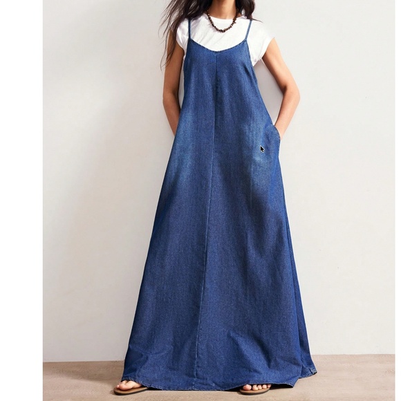 Dresses & Skirts - Dark Wash Adjustable Straps Pockets Denim Jean Maxi Cami Dress